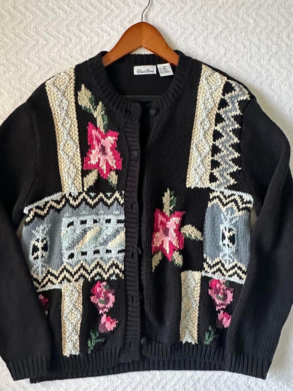 David Loren vintage Black Floral Knit Cardigan Sweater - Handcrafted Style